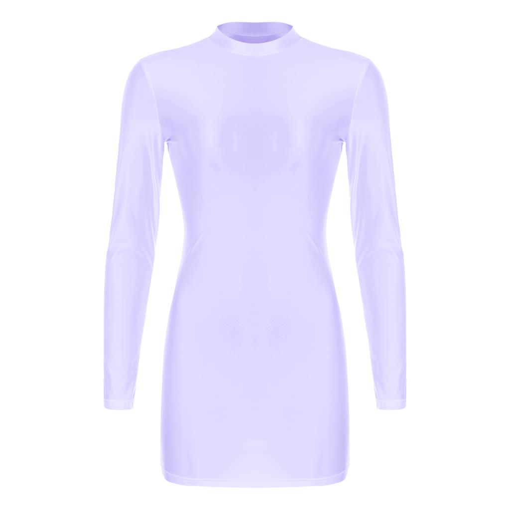 Womens Glossy Long Sleeve Bodycon Dress Mock Neck Solid Color Stretchy Fabric Tight Fitting Nightwear Evening Gown