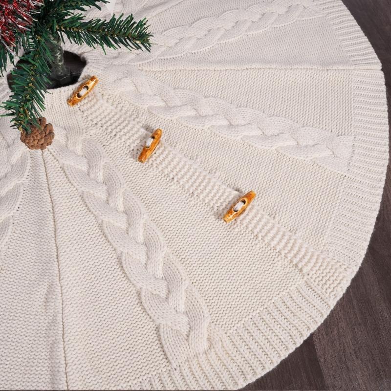 White Knitting Christmas Tree Skirts Tree Base Cover 61/92cm Diameter with Button Fastening Holiday Room Decorations
