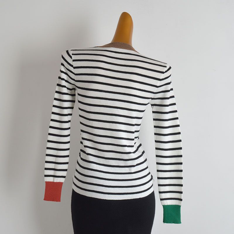 French Simplicity Mixed Color Stripe Round Neck Pullover Six Wool Knitwear Women's Silm Soft Glutinous Long Sleeves Bottoming Shirt Tops