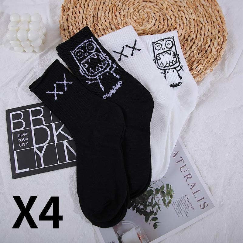 CHRLEISURE 4 Pairs/Set Long Barrel Socks Men's Black And White Socks Trend Cartoon Long Tube Comfortable Breathable Couple Socks