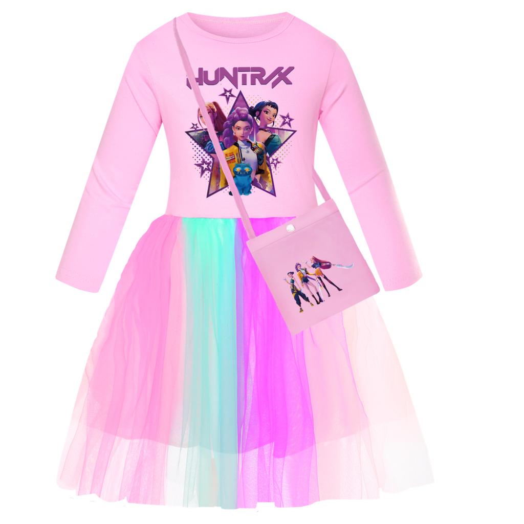 Rochie Kpop vânătoare de vrăjitoare grup de fete cu mânecă scurtă, gât rotund, dantelă stea curcubeu