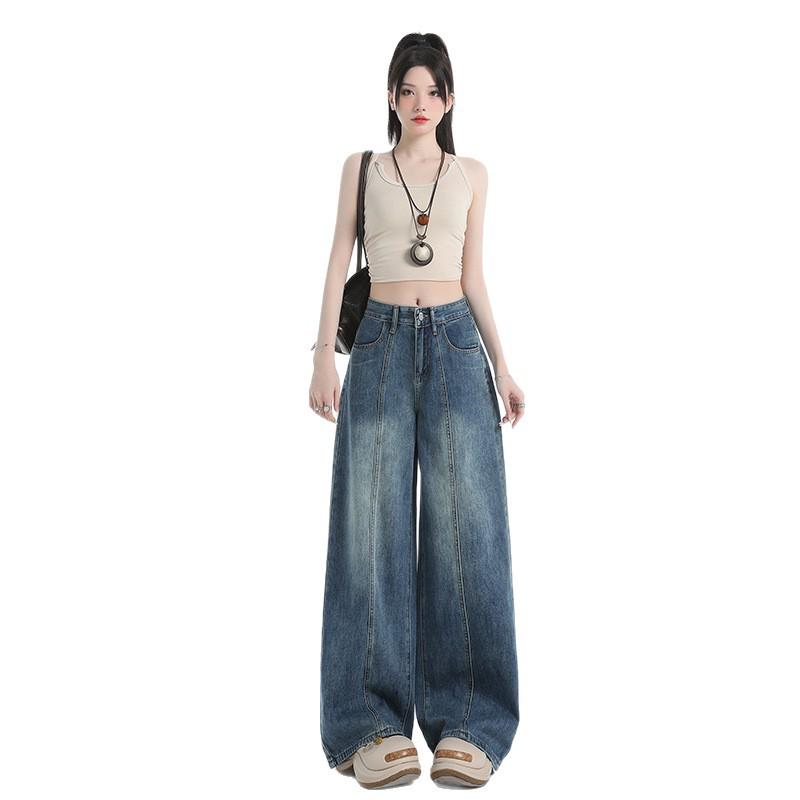 Women's High-Waisted Retro Straight-Leg Jeans - Loose, Slimming, Floor-Length Design for Autumn