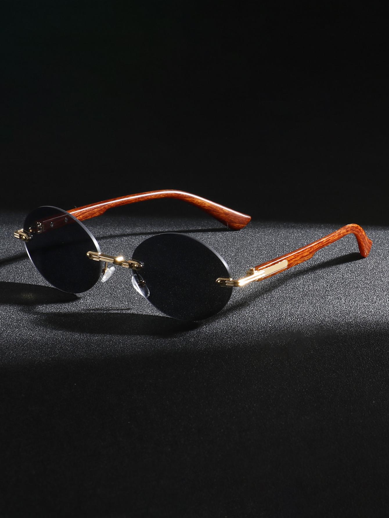 

Men s metal rimless oval eyeglass frames with wood grain temples, retro street fashion style, suitable for daily commuting, outf
