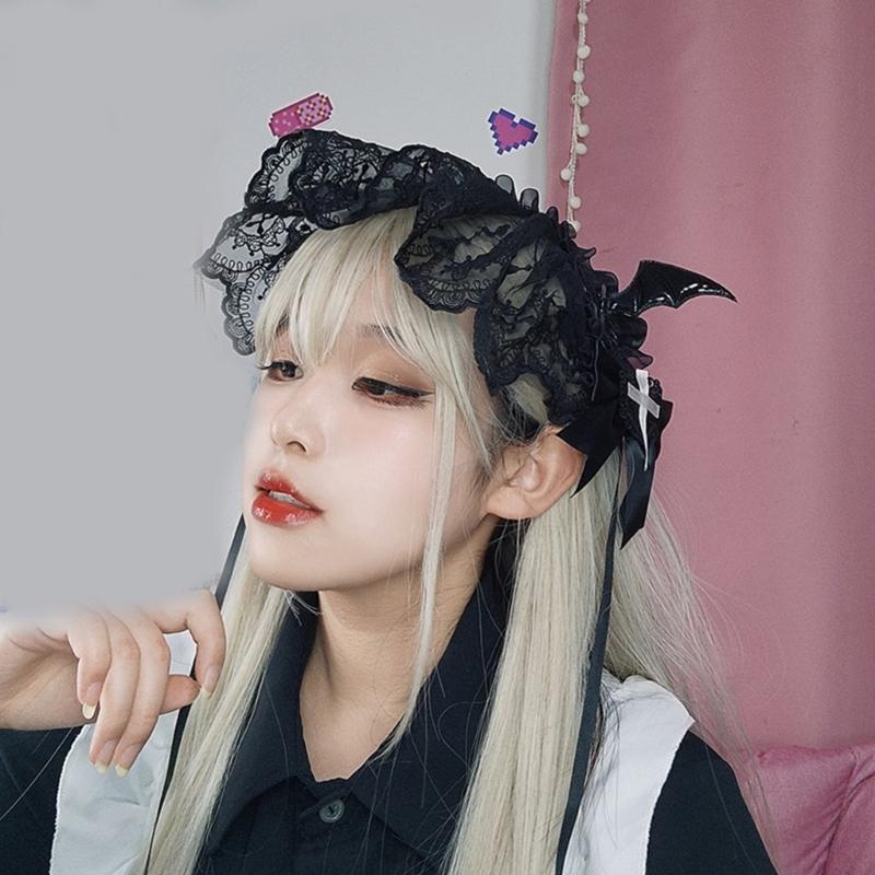 Girl Bowknot Headbands with Pleated Lace Halloween Photography Hair Hoop