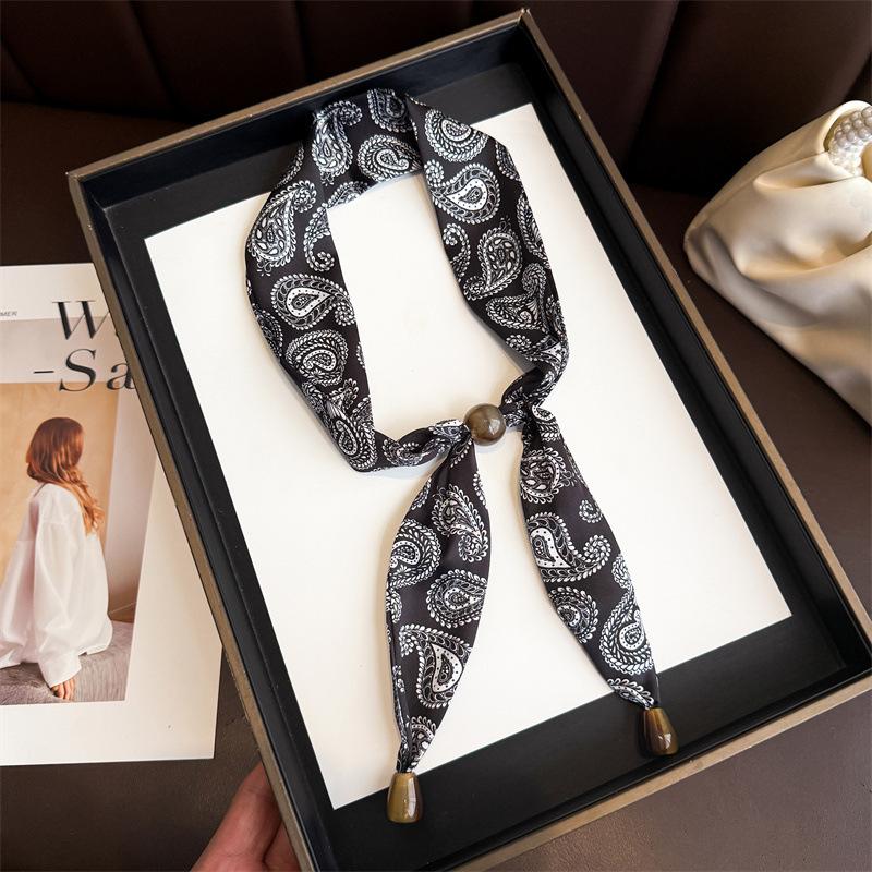 Professional Versatile Simulation Silk Printed Silk Scarf Double-layer Beaded Premium Sense Neck Protection Commuter Strip Decorative Scarf Scarf