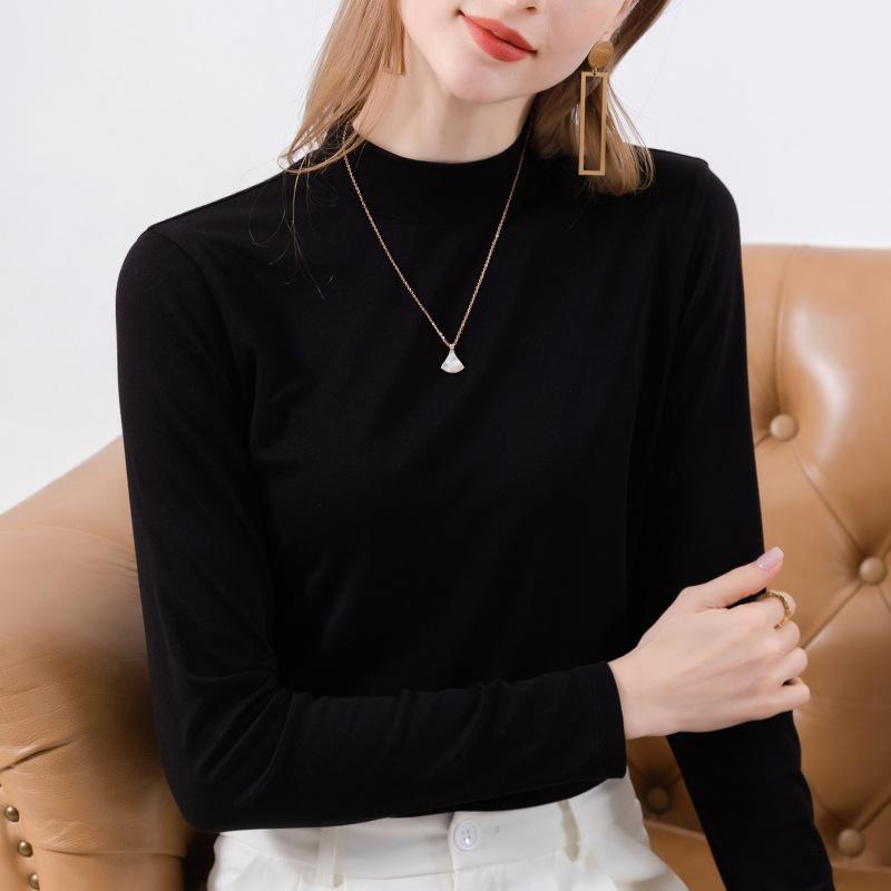 

Cotton bottomed shirt women s summer women s clothing basic small stand-up neck elastic inner long-sleeved shirt top M чёрный