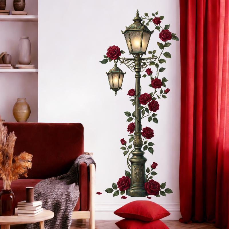 Vintage Street Lamp Wall Decal Red Rose Vine Self Adhesive For Living Room Bedroom Home Wall Decor