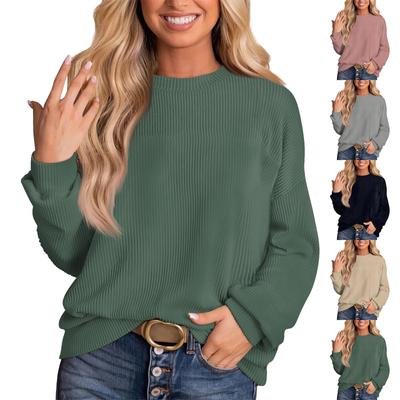 Damenmode, einfarbig, langärmelig, lockerer Pullover mit Rundhalsausschnitt