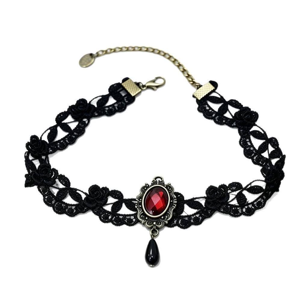 Gothic Ruby Lace Pendant Necklace: Vintage Punk Choker for Women