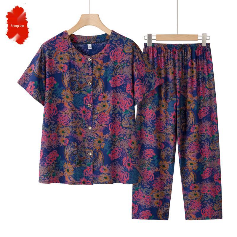 Elderly Women's Summer Cotton Short-Sleeve Two-Piece Set