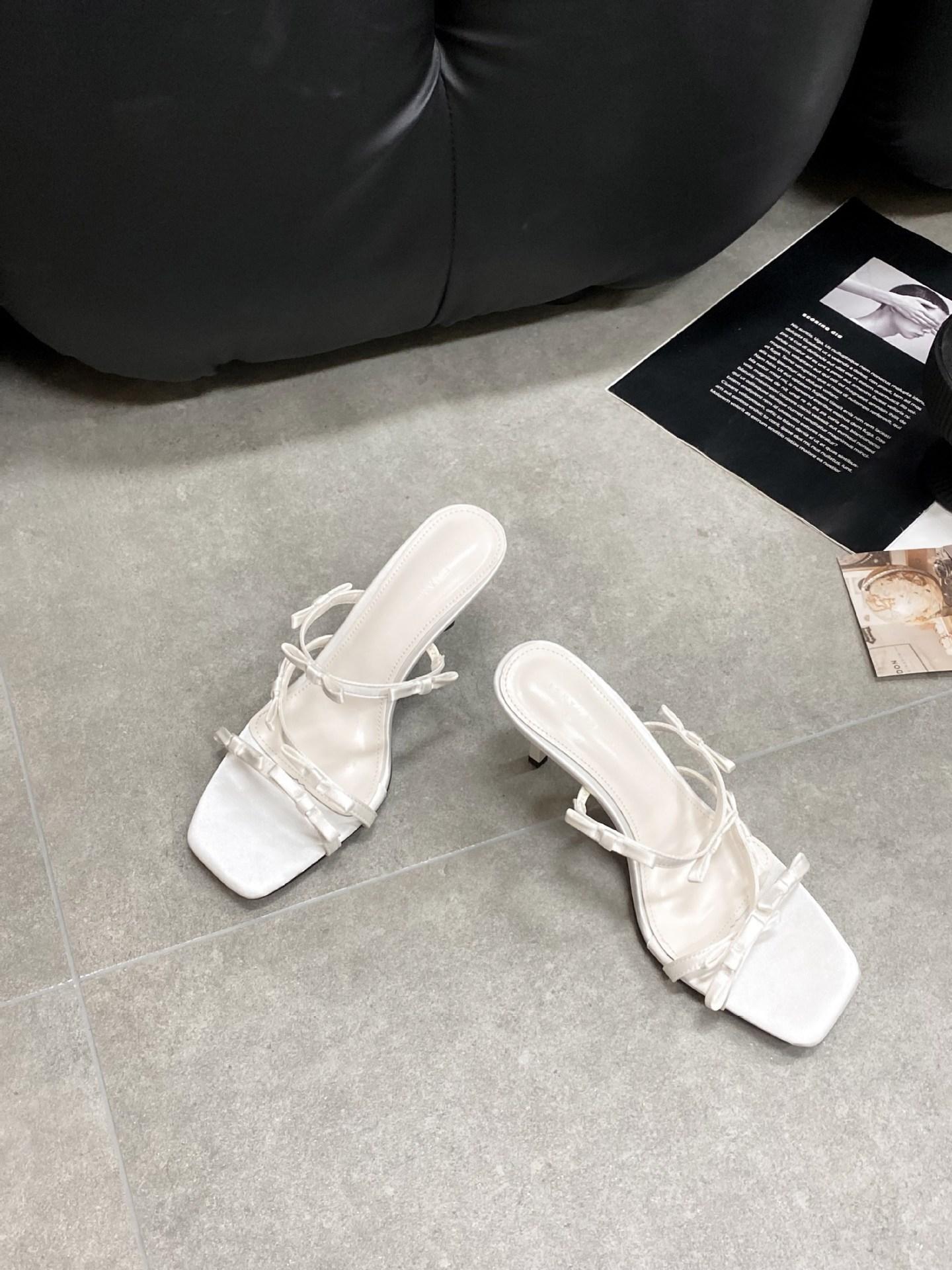 Slippers Spring French Style Square Toe Thin Heel High Heel Elegant French Style Fashion Bow Open Toe Women S 35