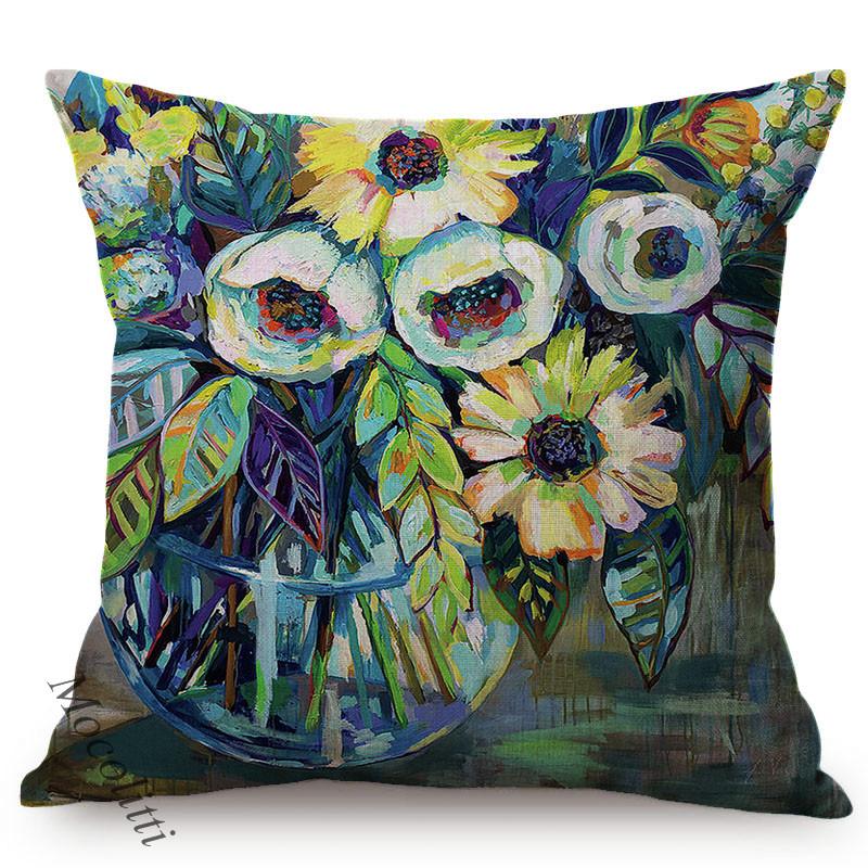 Vintage Florals Oil Painting Throw Pillow Case Nordic Glass Vase Art Sofa Decoration Cushion Cover Cotton Linen Pillowcase