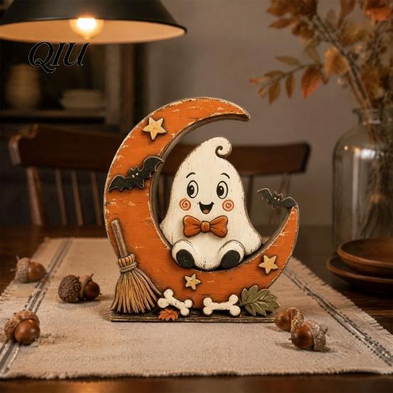 Classroom Halloween Display Pieces Retro Pumpkin Witch Cat Ghost Figurines with Crescent Base, Spooky Rustic Tiered Tray Decor Wooden Tabletop