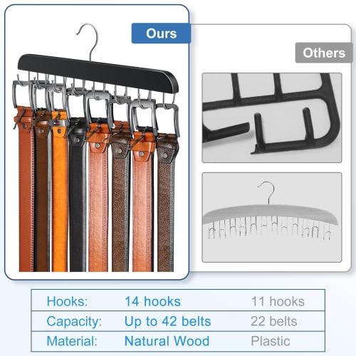 Resovo Belt Hanger for Closets, Holds up to 42 Belts, Belt Organizer with 14 Hooks, Durable Wood Belt Rack for Closet Organizer and Storage, Black, 1
