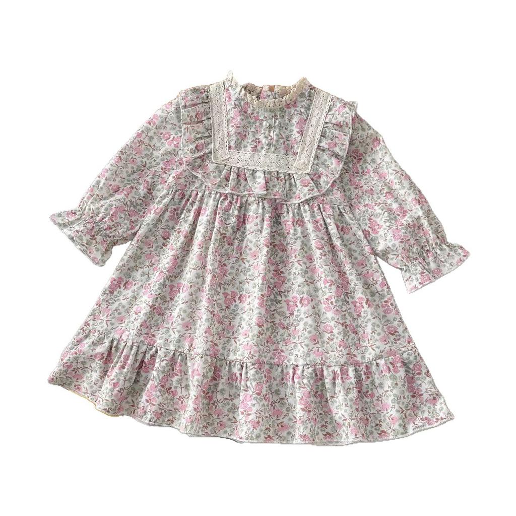 Spring Autumn Girls Floral Princess Dress Cute Lace Trim Ruffle Hem Toddler Kids Party Pageant Cotton Blend Sundress