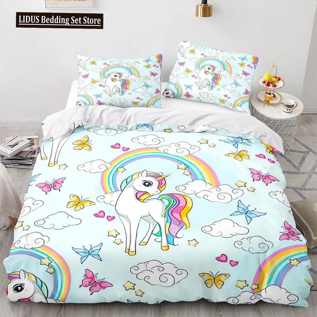 Cartoon Unicorn Duvet Cover King Queen Lovely White Mythical Animal Bedding Set Kids Girl Colorful Rainbow Polyester Quilt Cover