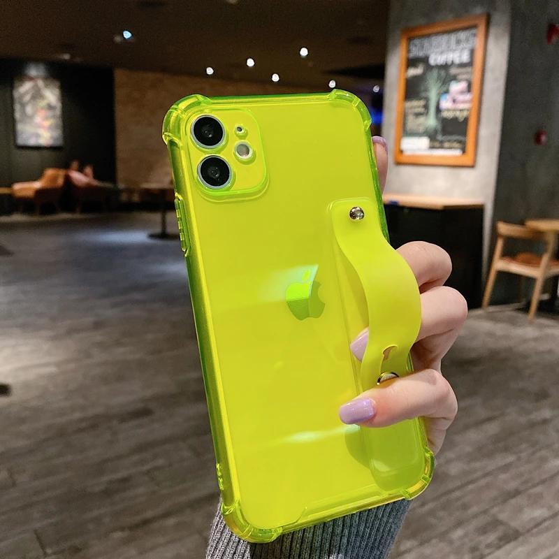 Soft Wrist Strap Phone Case For iPhone 11 12 13 14 15 16 17 Pro Max X XR Xs Max Plus Kickstand Transparent Bumper  Cover
