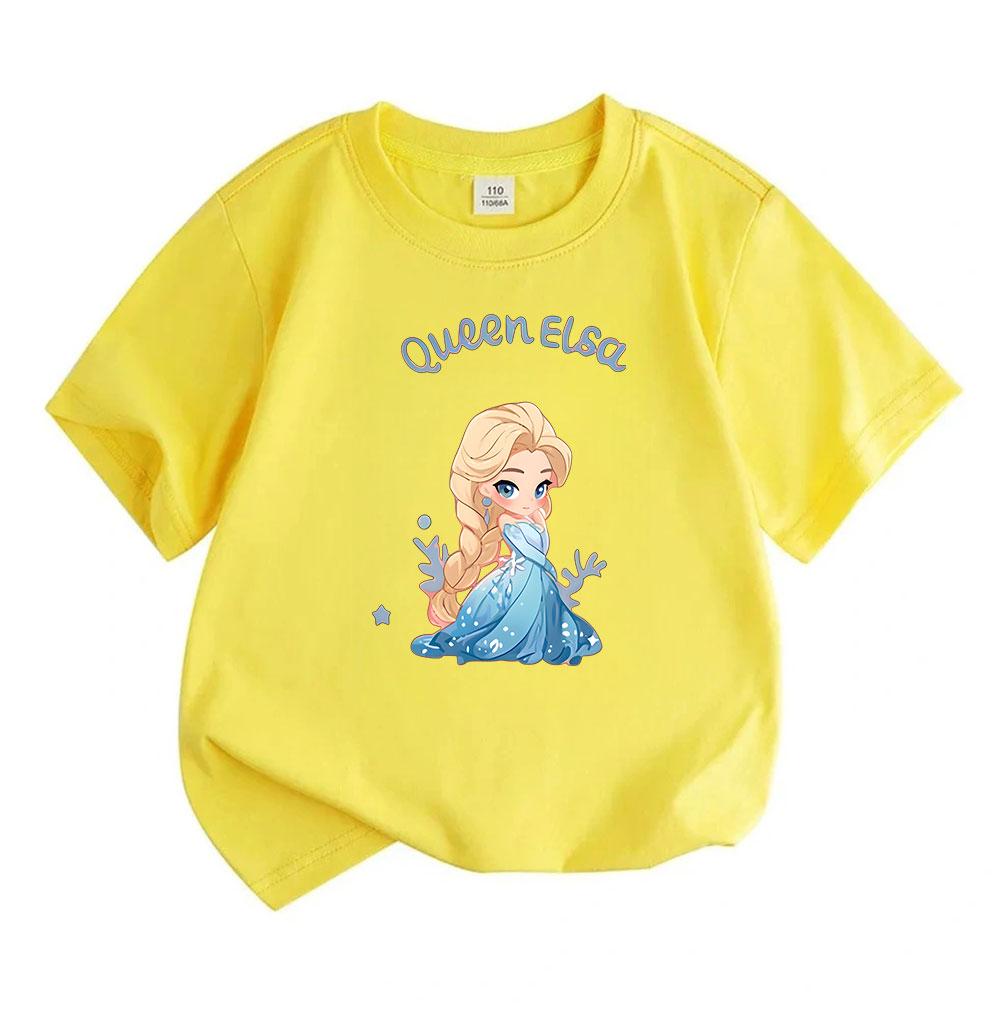 Kids Girls Boys Cute Queen Elsa Cartoon Print T Shirt 100% Cotton O-Neck Short Sleeve Casual Summer Tee Tops Soft Breathable Lightweight Warm Child To