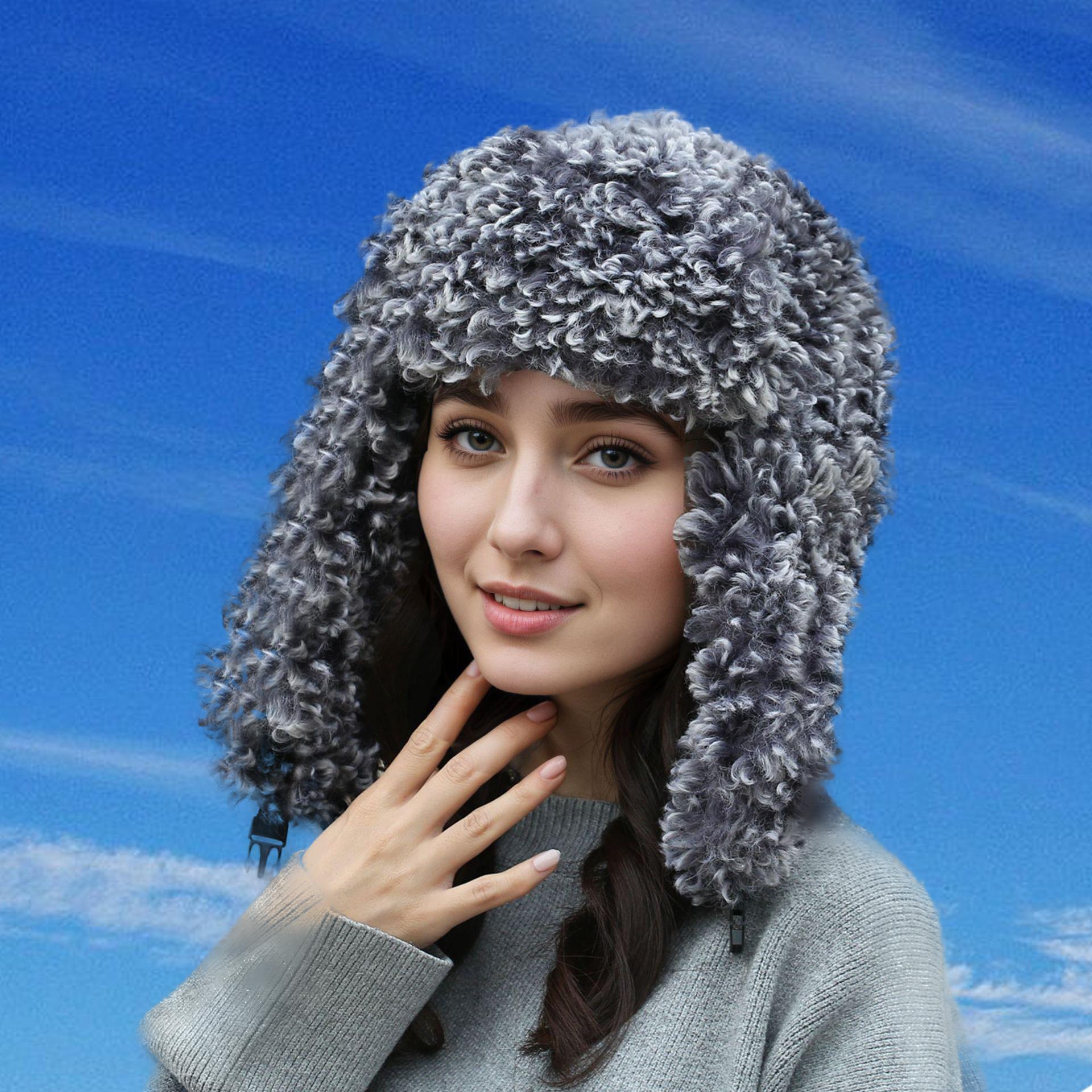 

New cute fur autumn and winter aviator hat, lamb wool imitation fur plush warm winter ear protection hat Average Size сірий колір