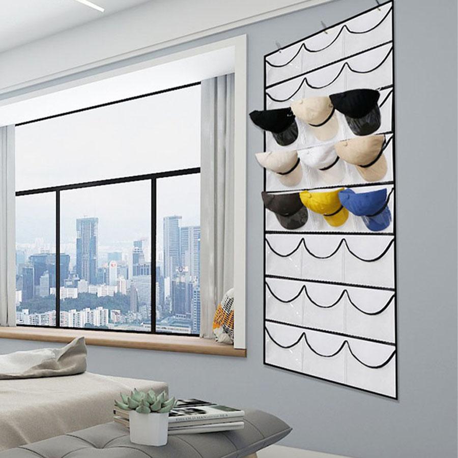 1PC Hat Organiser with Clear Deep Pockets to Display Your Baseball Caps, Baseball Cap Rack with 3 Hooks, 24 or 27 Deep Pockets
