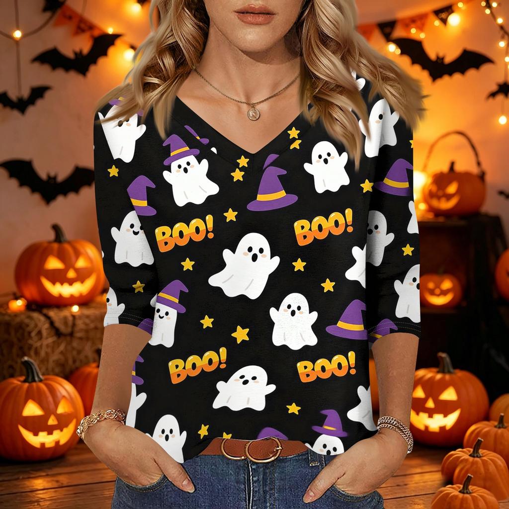 Damen Freizeit V-Ausschnitt Dreiviertelarm Oberteil Halloween Kürbisdruck Leichte Bluse für Herbst und Alltag