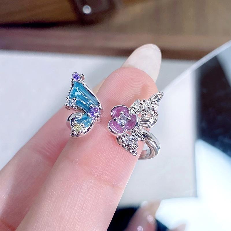 Farbsinfonie Blau Lila Emaille Öltropfen Schmetterling Öffnungsring Süße Persönlichkeit Stapelbar Nische Hoher Sinn Ring Frau