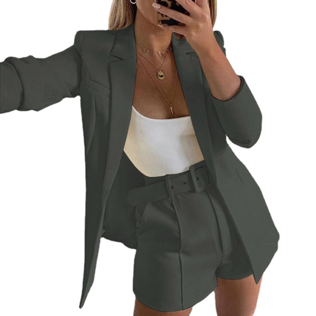 Women's Slim Fit Two Piece Suit Lapel Long Sleeve Blazer High Waist Belted Short Co-ord Outfit Set