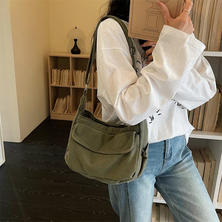 

Washed Canvas Shoulder Bag Women s Underarm Bag зелёный