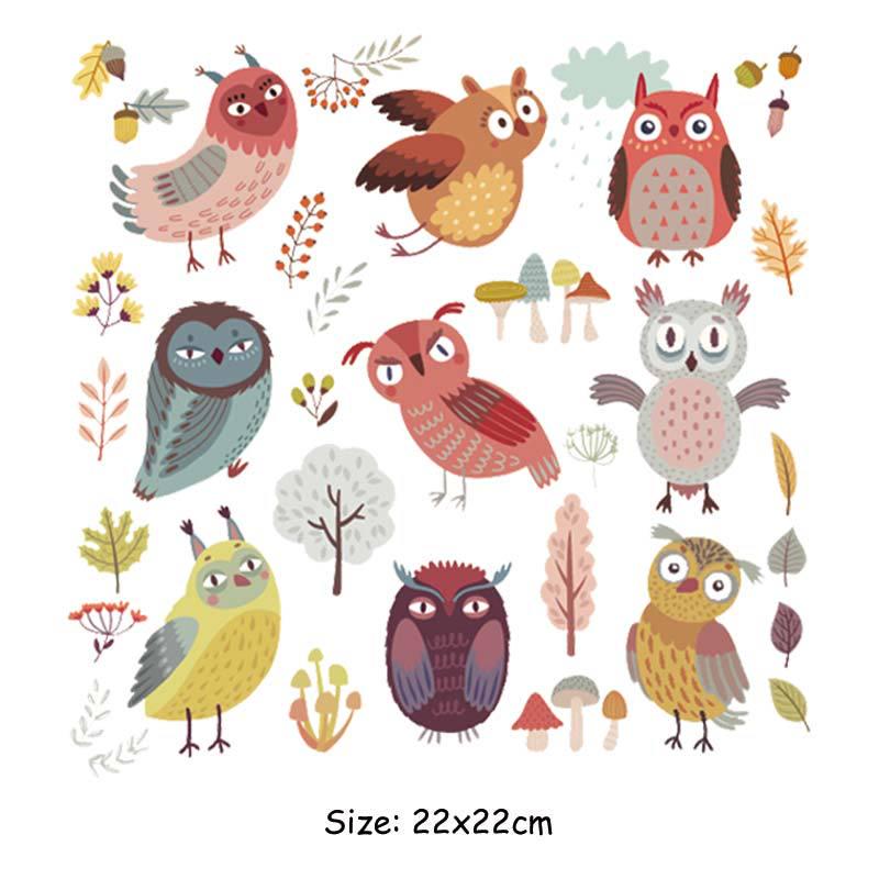 Cartoon Owls Set Patches For Clothing Transfers Leaves Eco-Friendly Diy T-Shirt Stripe Clothing Stickers Washable Badges Sticker