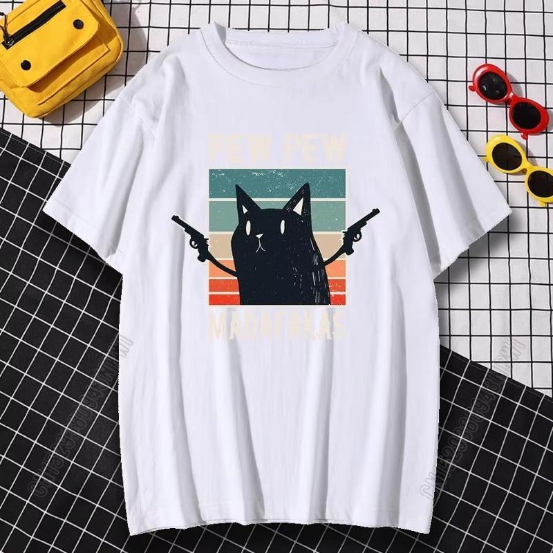 Funny Print Pew Pew Madafakas Black Catcartoon Tshirt Hipster Casual Unisex Cotton Clothes Loose Tshirt Harajuku Crewneck Unisex Tops