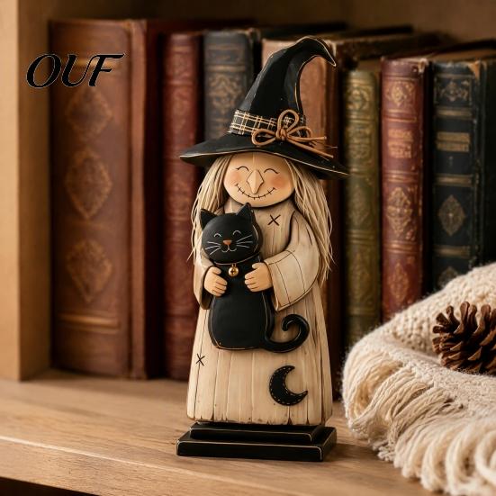 Rustic Wooden Witch Craft for Desk Ornament, Retro Halloween Figurine with Broom/Pumpkin/Black Detailed Carving Cat, Creative Tabletop Centerpiece