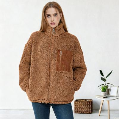 Jaqueta de Lã Yousheng Feminina Manga Longa com Zíper Casacos Sherpa Outono Inverno Caimento Solto Roupa Exterior Felpuda com Bolsos