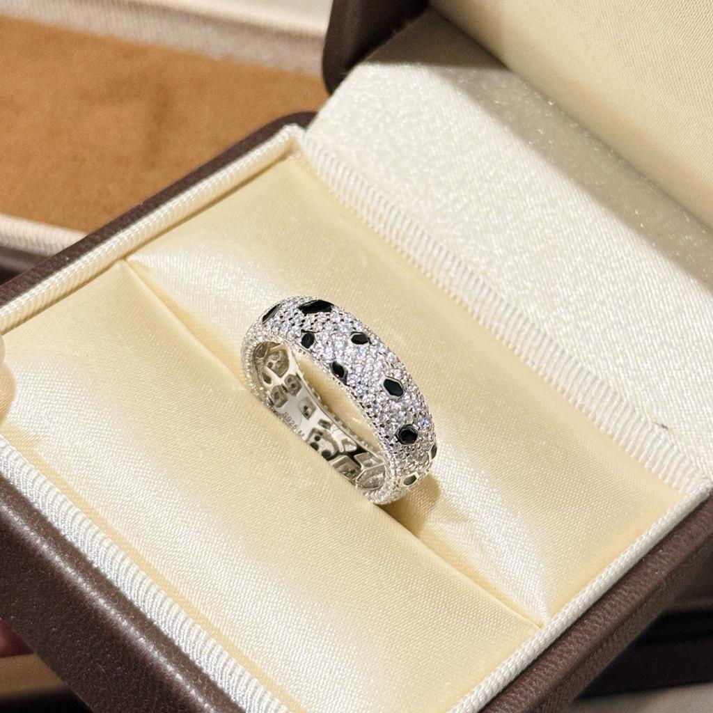 New Vintage 100% Pure 925 Sterling Silver 5a Zirconia Black And White Spots Leopard Print Ring For Women Luxury Wedding Jewelry