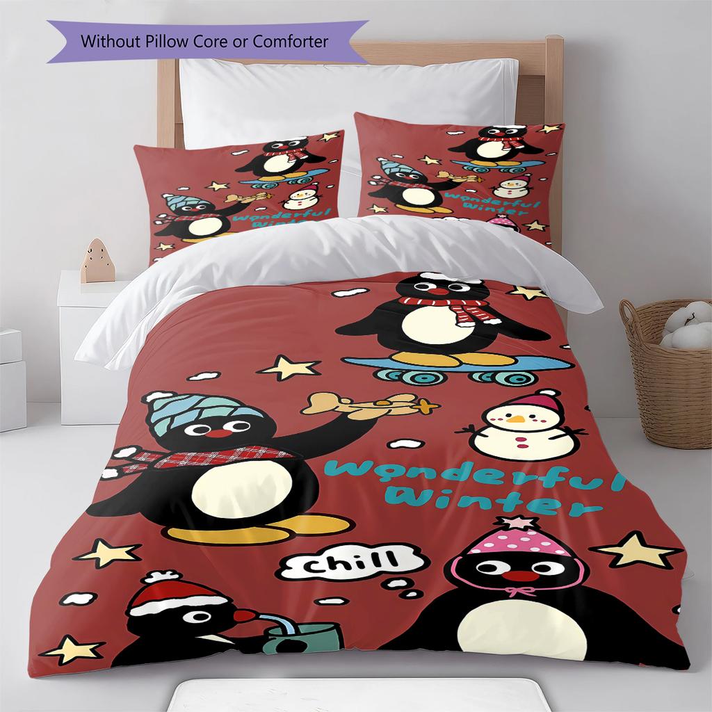 מצעי פינגווי, סט שמיכה כיסוי שמיכה ציפית לציפית מתנת יום הולדת לבית (1 * כיסוי שמיכה + 2 * ציפות, ללא ליבה)