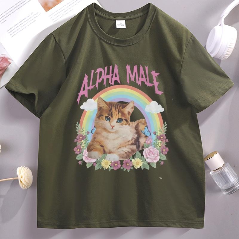 Alpha-Männchen Lustiges Kätzchen T-Shirt Regenbogen Unisex Damen Baumwolle Kurzarm T-Shirt Kleidung Lässig Atmungsaktiv Rundhals Herrenkleidung