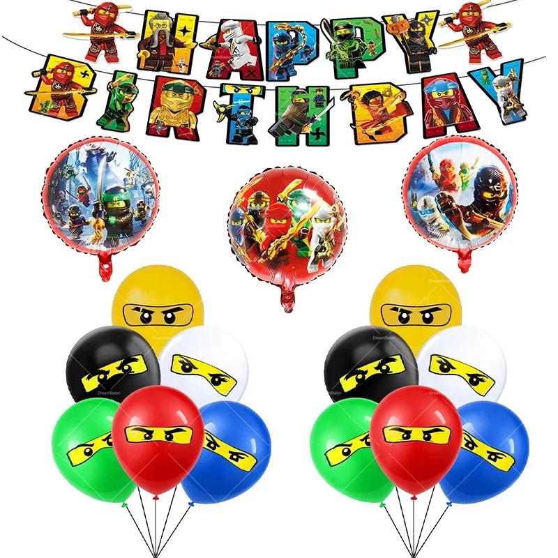Ninjaed Go Balloons Happy Birthday Banner Legoed Party Decoration Supplies Backdrop Cake Topper Kids Spiral Disposable Tableware