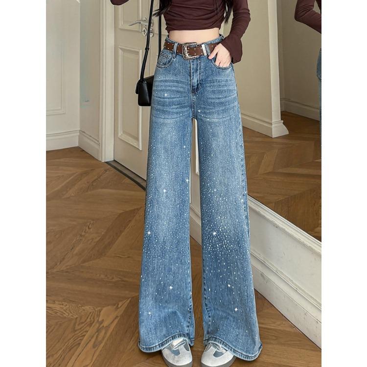 Women Rhinestone Pants  Fashion Stretchy Wide Leg Palazzo Trousers Korean Style