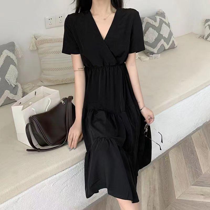 Basic French Style V-Neck Dresses Summer New Short Sleeve Women's Clothing Elegant A-Line Waist Fashionable Patchwork Midi Dress