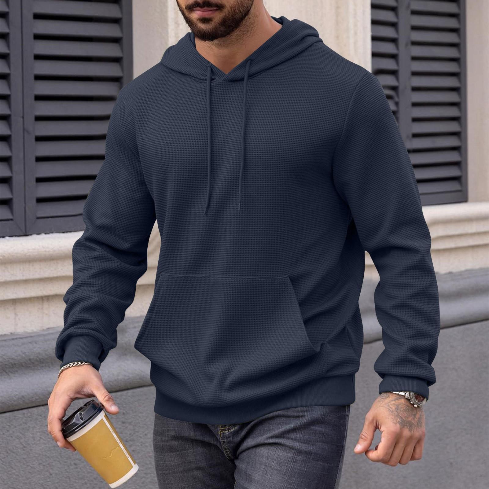 

Men s Long Sleeve Textured Hooded Sweatshirt Casual Lightweight Hoodies Pullover Drawstring Hoodie With Kanga Pocket M Темно-синій
