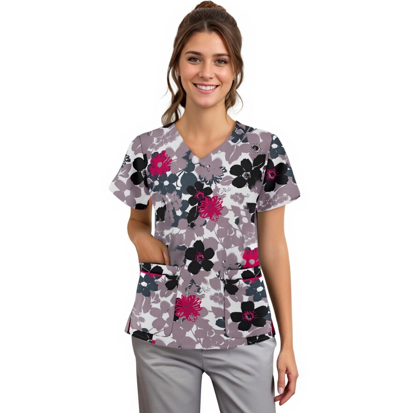 Women s Printing Short Sleeve V-neck Tops Working Uniform Pocket Blouse L