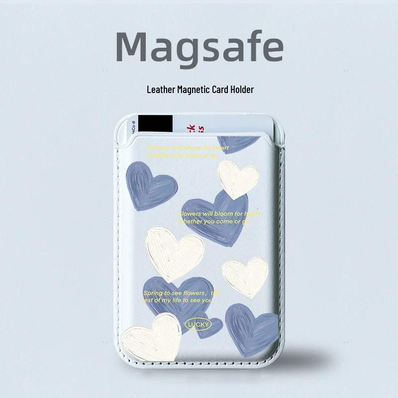 MagSafe Compatible Leather Card Holder Apple Phone Case with Heart Oil Painting Design Single Card Holder