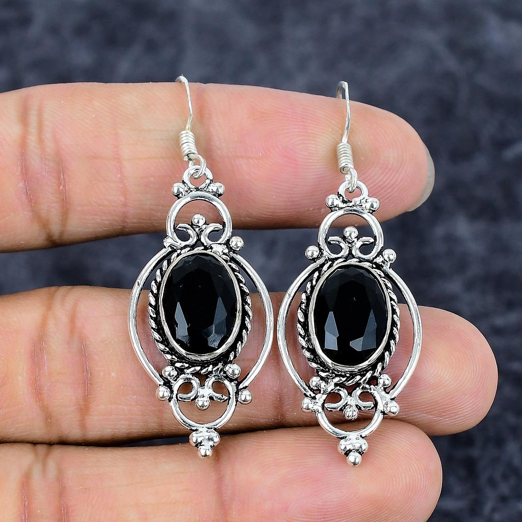 Black Spinel Gemstone Handmade 925 Sterling Silver Jewelry Earring 2.21" M-3289