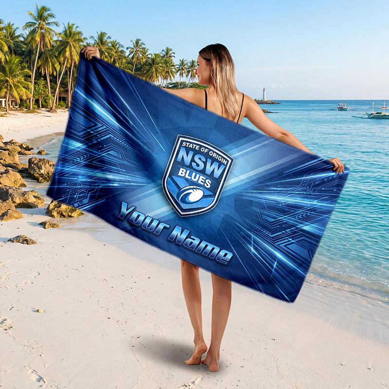 NSW Blues Customized Name Text Beach Towel, Soft Absorbent Towel Beach Pool Travel Personal Gift