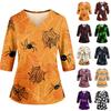 Women's Halloween Print V Neck Medical Scrub Top with Pockets Side Slits Three Quarter Sleeve Nurse Uniform Shirt