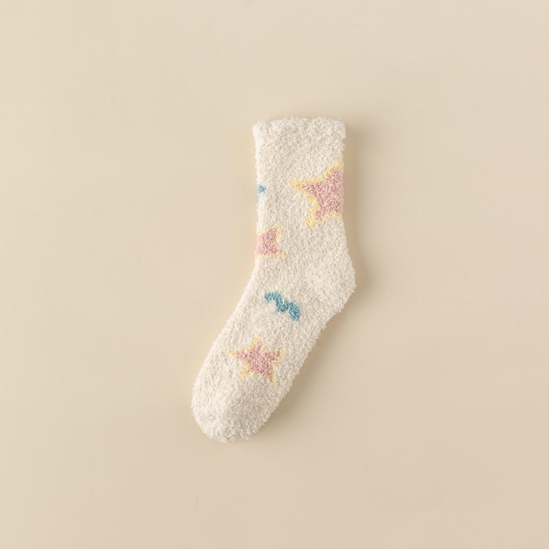 Cute Coral Fleece Socks Female Stars Cartoon Half Fleece Thickened Warm Home Floor Socks Medium Tube Confinement Women'S Socks