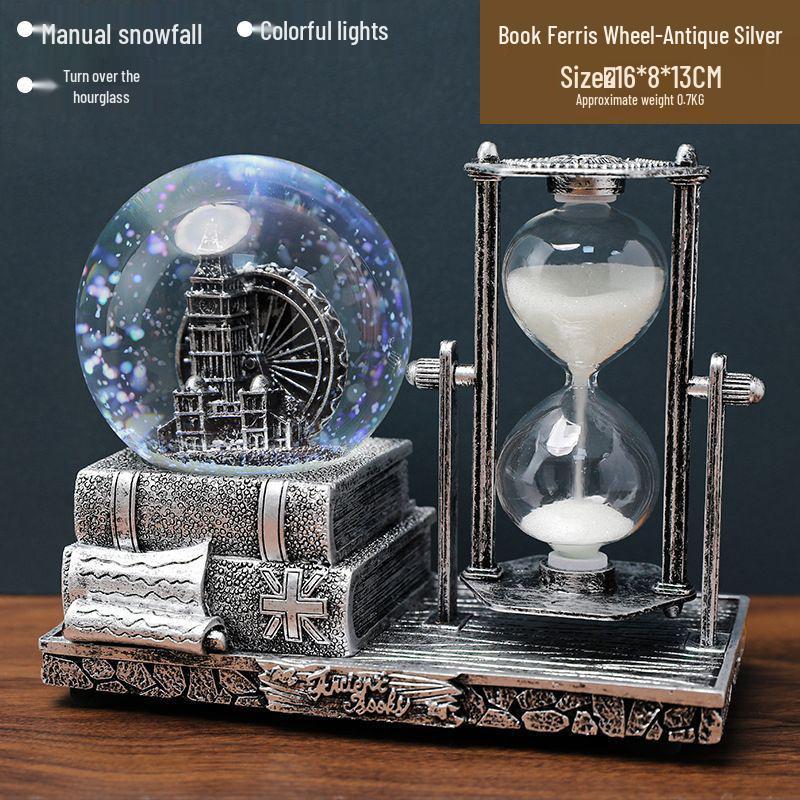 Retro Iron Tower Music Box with Luminous Crystal Ball Hourglass - Perfect for Desktop Ornament or Small Gift for Graduation, Qixi, or Valentine's Day.
