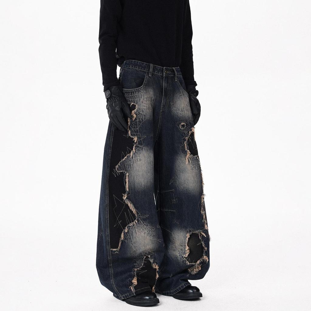 Pantaloni Larghi Unisex Patchwork High Street Orlo Grezzo Gamba Curva