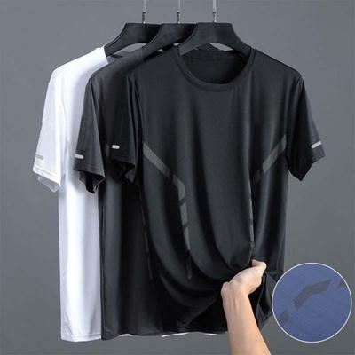 Summer Men T-shirt Ice Silk Round Neck Loose Pure Color Short Sleeves Pullover Casual Daily Wear Sport Fitness Top