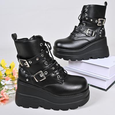 Herbst Damen Punk Stiefeletten 8cm Keilabsatz Plateau Motorradstiefel Punk Nieten Schnallendekoration Schuhe Damen Freizeitschuhe 35-42