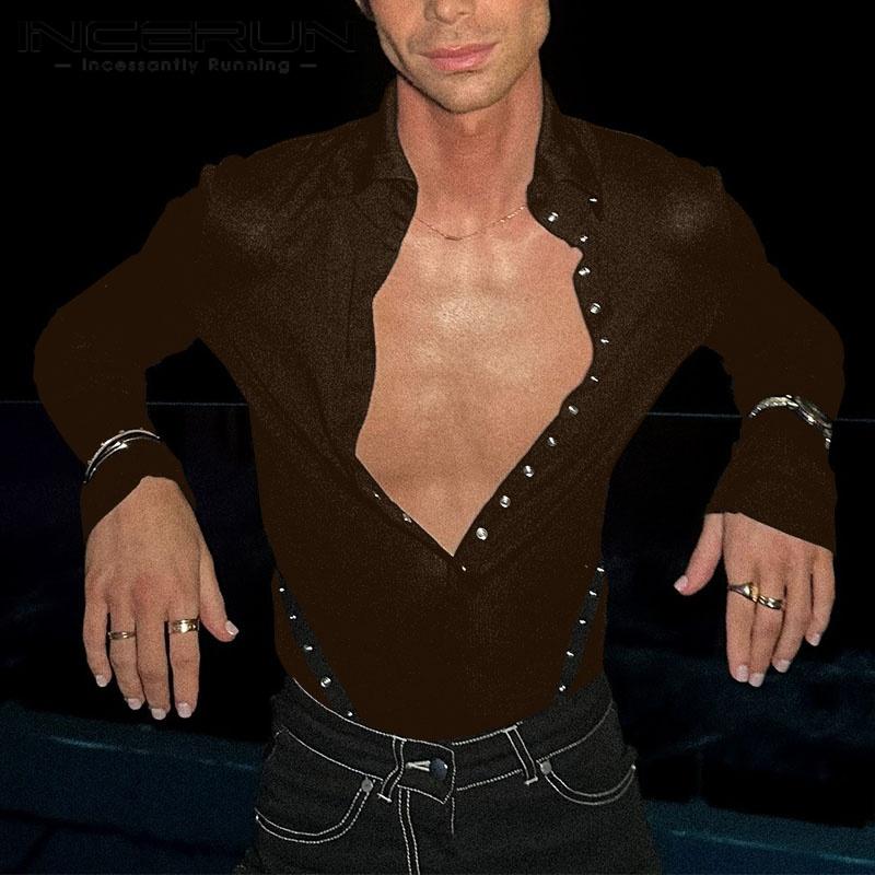 INCERUN Pánská trička s klopovým límcem, dlouhým rukávem a zapínáním na knoflíky, ležérní trička a spodní trička